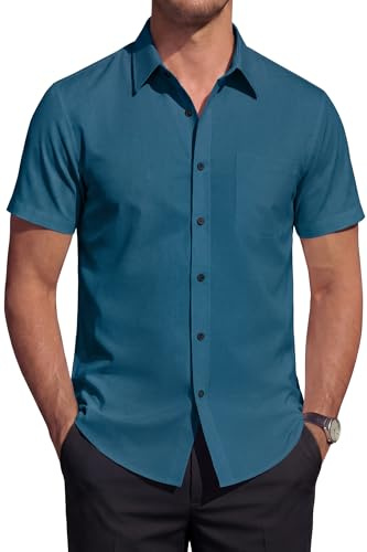 HISDERN Camisa Manga Corta Hombre Vestir Formal Elástica Sin Plancha Camisas de Verano Casual Trabajo Business Regular Fit con Botones y Bolsillo Verde Turquesa 3XL