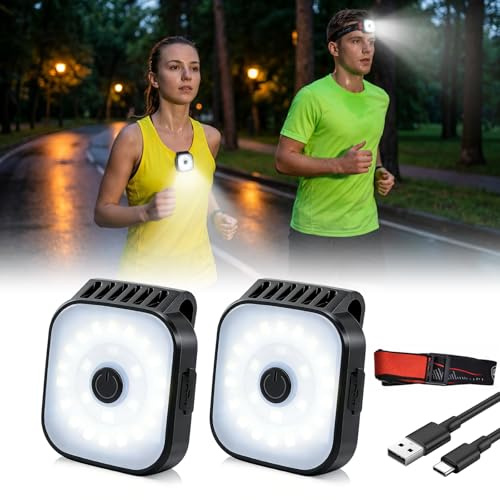 LIAISIMI 2 Stück LED Lauflicht Joggen Clip USB, LED Clip Lampe & Stirnlampe mit 4 Leuchtmodi, IPX4 Wasserdicht, Outdoor Sicherheitslicht für Joggen, Camping, Wandern, Klettern