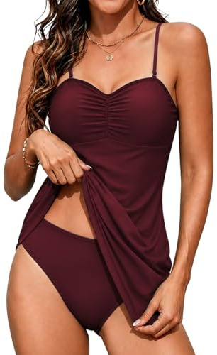 Rayson Costume da Bagno Donna 2 Pezzi Ruffle Push up Curvy Piega Tankini Donna Mare e Slip da Bagno Beachwear Controllo Pancia(Borgogna,L)