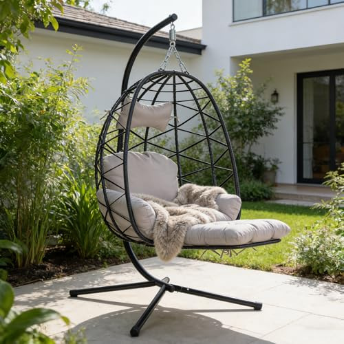 Hanging Egg Chair with Stand & Leg Rest,Rattan Wicker Swing Chair with Cushion, Patio Basket Hanging Chair Wicker Hammock Chair for Indoor Outdoor Bedroom Balcony Garden,330LBS