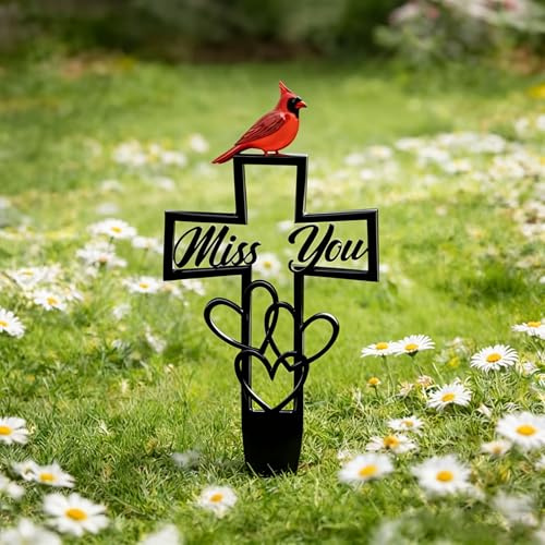 Metal Cemetery Memorial Plaque for Remembrance, Miss You Memorial Cross Stake with Cardinal & Heart, Remembrance Grave Marker for Garden, Outdoor Memorials Decor (1pc)
