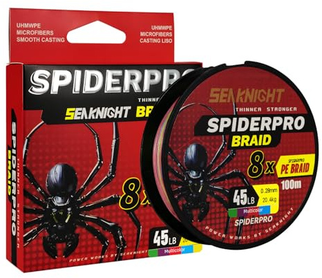 Seaknight Spiderpro Fil de pêche tressé 8 brins 100 m en polyéthylène lisse pour pêche à la carpe, résistant aux UV et à l'eau salée, ligne de pêche pour pêche en mer, 6,8 à 45,4 kg