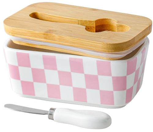 Butter Dish with Lid for Countertop, Checkered Ceramic Butter Container, Embossed Butter Keeper with Bamboo lid, Knife, and Airtight Cover, Cute Kitchen Farmhouse Decor