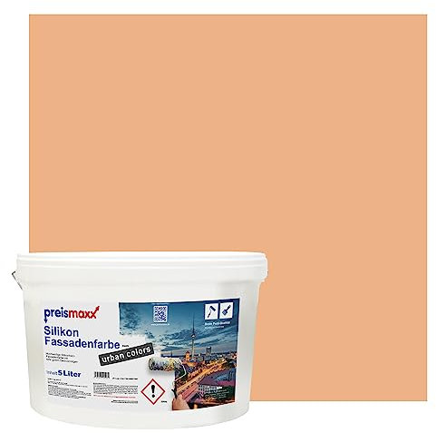 Preismaxx Silikonharz Fassadenfarbe, Aprikose Orange 5L hochwertige, matte, wasserabweisende Aussen-Dispersion, sehr guter Regenschutz - Abperleffekt