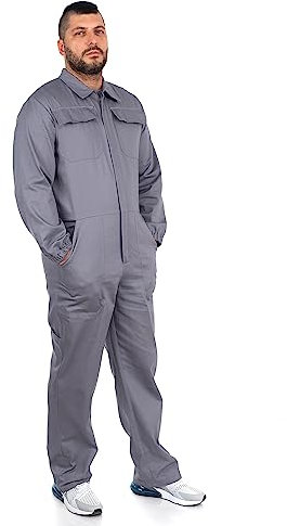 DINOZAVR Ultra Overall Herren Arbeitskleidung - Rallyekombi Overall mit Verstecktem Reißverschluss, Zwei Oberen Taschen, Zwei Fronttaschen, Elastische Bündchen, Elastischer Bund Grau XL