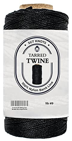 SGT KNOTS Tarred Twine - 100% Nylon Bank Line for Bushcraft, Netting, Gear Bundles, Construction, Lacing Twisted Cord, Weatherproof #9-1 lb | Weatherproof Lacing Twisted Cord for Netting, Gear Securing, Camping, Survival, Outdoor Repairs, And Emergency Applications