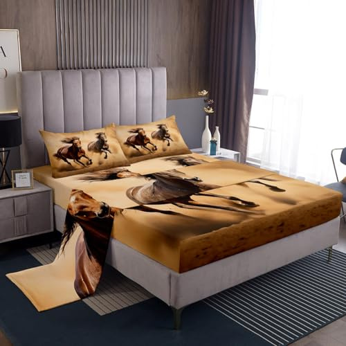 Set di lenzuola per cavallo per letto singolo, set di biancheria da letto adolescenti, camera da letto, animali selvatici, cavalli, lenzuola in stile fauna selvatica e marrone, con 1 federa