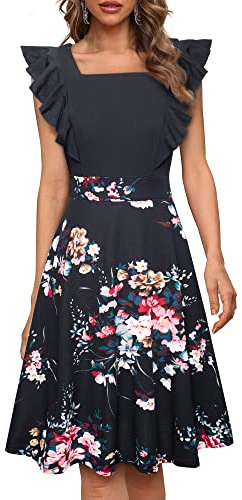 HOMEYEE Vestido de Cóctel de Fiesta Floral hasta la Rodilla Rockabilly con Mangas con Volantes y Bolsillos para Mujer A312 (L, Negro + Flores)