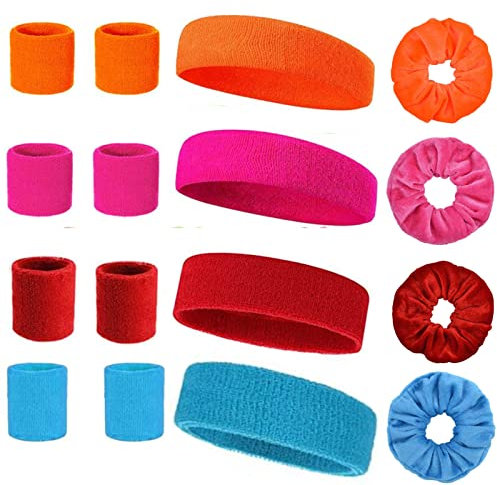 12 Teiliges Neon Schweißband Set und 4 Fluoreszierende Farbe Haargummis, 80er Jahre Schweißband Handgelenk/Stirn Schweissband Retro Party Accessoires für Damen Herren 4 Farben Pink Rot Blu Orange
