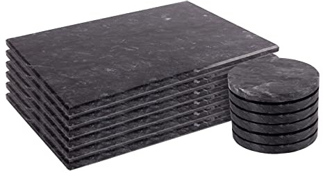 Argon Tableware Marble Placemats & Round Coasters Set - 12pc - Black - Kitchen Dining Table Mats Bar Drinks Coaster Protector Place Mats for Home, Restaurant Catering