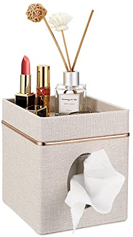 BTSKY Square Tissue Box Holder with Top Storage Tray, Beige