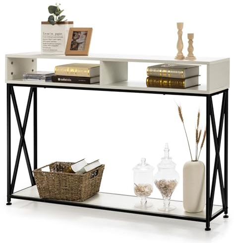 LIFEZEAL Tavolo Console, Tavolo Consolle in Legno, Tavolo d’Ingresso, con 2 Scomparti Aperti, Telaio in Metallo, Piedini Regolabili, Salvaspazio, Corridoio, Soggiorno, Max 45kg, 120x23x79cm, Bianco