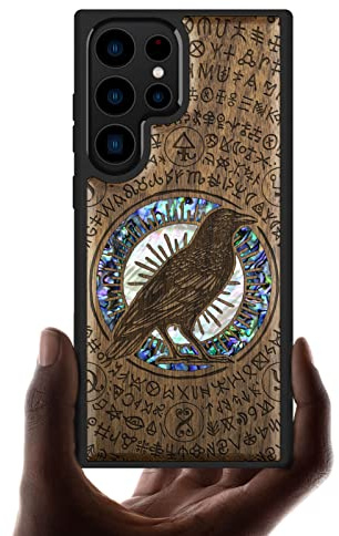 Carveit Handcrafted Case for Galaxy S23 Ultra (Raven-Walnut) | Samsung Galaxy S23 Ultra Case - Compatible with MagSafe Wireless charger - Wood Engraved Shell Inlaid - TPU Shockproof Bumper
