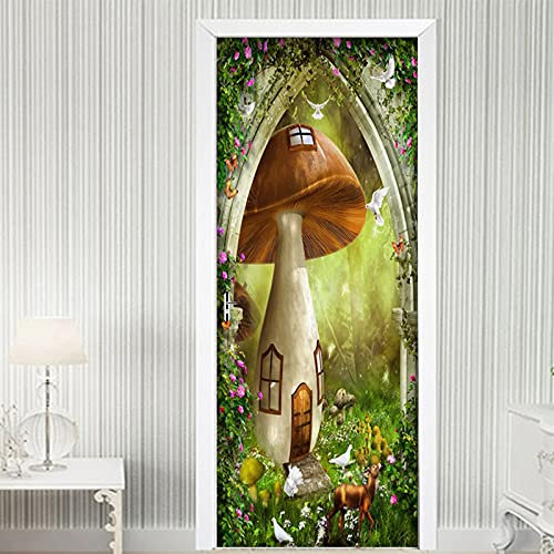 Carta Parati Porta 3D Casetta Dei Funghi Da Giardino 95X215Cm Diy Autoadesivo Adesivi Per Porte Pvc Impermeabile Murales Da Parete Decalcomanie Soggiorno Cucina Fotomurali Poster Wallpaper Rimovibi