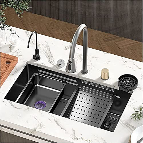 Spüle Home Küchenspülen Küchenspüle Edelstahl-Reinigung Raindance Wasserfall-Wasserhahn-Spüle mit Unterlegscheibe, verschiedene Installationsmethoden (Farbe: A, Größe: 68 * 46 cm)