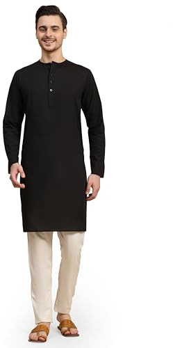 SKAVIJ herr indisk kurta pyjamas bomull komfort andningsbart set, Svart, M