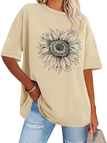 Gosunny Tshirt Damen Sommer Tops Kurzarm Oversize Bluse Rundhals Casual Oberteil(Sunflower,XL)