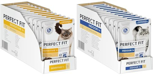Sensitive 1+ Katzennassfutter mit Huhn in Sauce & Indoor 1+ – Katzennassfutter im Portionsbeutel für Erwachsene Hauskatzen ab 1 Jahr – mit Huhn und Erbsen in Sauce Portionsbeutel(12 x 85g