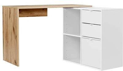 mokebo Eckschreibtisch klein in Eiche/Weiß mit Schubladen & Fächern 'Der Produktive', auch als Schreibtisch oder Arbeitstisch im Büro, Kinderschreibtisch oder Gaming Tisch 112x77x54 (B/H/T in cm)