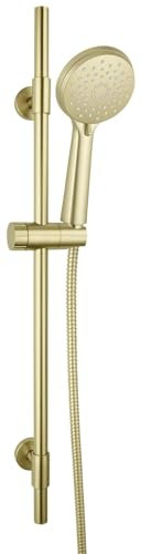 WENKO Ensemble de douche Modèle Young Line | Colonne de douche dorée en acier inoxydable avec pommeau de douche Ø 10 cm | Douchestange 66 cm avec flexible 150 cm | Couleur or mat