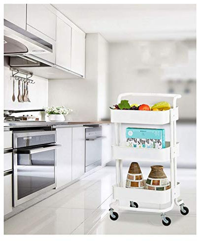 Ausziehbarer Rollwagen mit 3 Ebenen, mit Netzkorb, multifunktionales Küchenregal und beweglichen Sackkarren für Massenlagerung im Büro, Schlafzimmer, Weiß (85 x 45 x 35 cm)