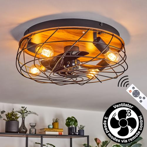 HOFSTEIN LED Deckenventilator Tourais, Ventilator aus Metall/MDF in Schwarz/Holzoptik, Deckenleuchte im Retro/Vintage-Design in Gitter-Optik, Lichteffekt, Fernbedienung, Büro, Schlafzimmer, Esszimmer