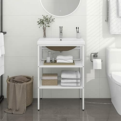 Juroupi Bathroom Washbasin Frame with Built-in Basin White Iron,Furniture,Cabinets & Storage,Vanity Units,Bathroom Vanity Units-3101374