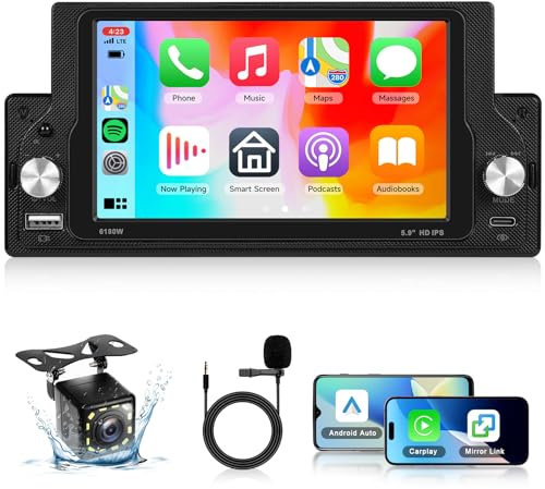 VECHTEL 1 Din Autoradio mit 5,9 Zoll IPS HD 2,5D Bildschirm Carplay Android Auto, Autoradio Touchscreen mit Bluetooth 5,0, Mirror Link, FM, USB, Typ-C, SWC, Mikrofon, Rückfahrkamera