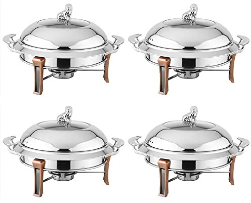 Stainless Steel Chafer Dish Catering Party Buffet Warmer Serving Set - Pack of 4 Round Chafing Dishes with Food Pan, Lid, Frame, and Fuel Holder