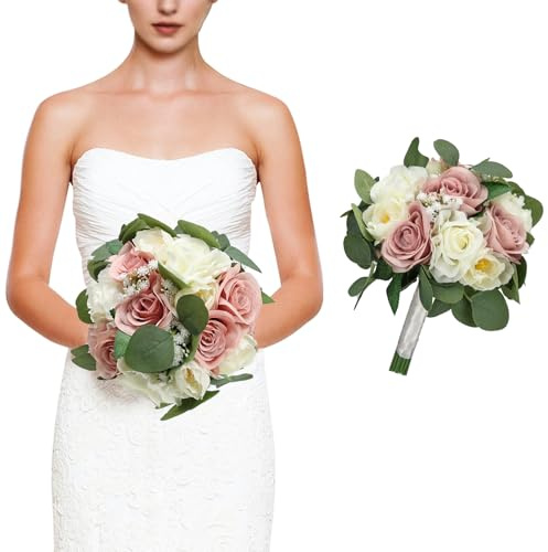DIYDOFUN Wedding Bouquets for Bride, 11 Inch Bridesmaids Bouquets Artificial Flower Bouquets for Wedding Ceremony Bridal Shower Decorations - Dusty Pink & White