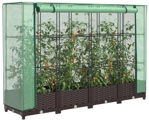 Xichuzi Hochbeet mit Gewächshaus-Aufsatz Rattan-Optik 160x40x123 cm, Palettenrahmen, Hochteich, Gemüsebeet, Kräuterregal Balkon, Blumenbeet, Kräuterspirale, Tomatenbeet, Pflanzhochbeet - 4015798