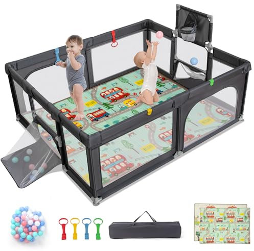GYMAX Baby Playpen, Large Toddler Fence Play Yard with 50 Ocean Balls, Soft Mat, Basketball Hoop and Soccer Nets, Indoor Outdoor Infant Activity Center (Dark Gray, 207 x 142 x 68cm)