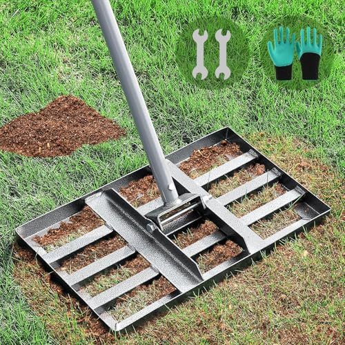 Râteau de nivellement de pelouse, niveleur de pelouse avec long manche en acier inoxydable, outil de nivellement robuste pour le sol, le sable ou les surfaces en terre, gants de jardinage inclus (17