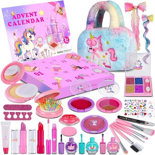 EPUMP Make-up Adventskalender 2025 – 24-Tage-Weihnachtskalender für Mädchen – Abwaschbares Make-up-Set mit Spielzeug – Weihnachtsüberraschungsgeschenk für Mädchen mit Einhorn-Tasche