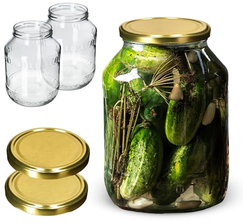 KADAX 2er Set Einmachgläser 2,5L mit TO100 Schraubdeckel, Einmachglas zum Einlegen, Konservengläser, Sturzglas, Vorratsglas, große Gurkenglas, Konservenglas (Gold Deckel)