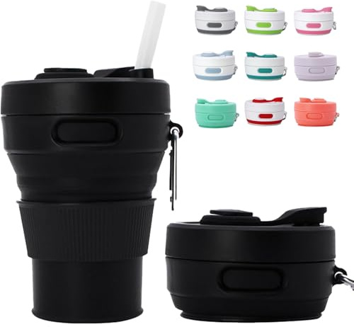 MOMAHUA 450ml Silikon Faltbare Becher Schwarz BPA Freier Reisebecher mit Stroh und Deckel,Wiederverwendbar für Camping,Picknick,Wandern und Outdoor Aktivitäten