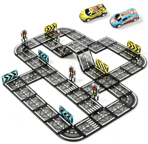 52Pcs Magnetic Tiles Road Set with Cars Toys, Magnetic Building Blocks Toy for 3+ Year Old Boys & Girls, Ideal Birthday for Kids Ages 3-8 Years Old