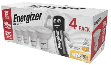 Energizer GU10 LED Bulbs Warm White 3000K Light Bulb Pack of 4 – 35W Halogen Spotlight Bulb Equivalent Replacement – 230LM Energy Saving 2.4W GU10 Non Dimmable LED Bulbs