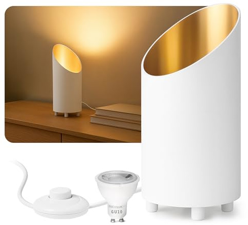 SSC-LUXon AUREVA Bodenlampe weiß-gold GU10 fourSTEP dimmbar warmweiß | Uplight-Bodenspot weiß-gold - in 4 Stufen dimmbar ohne Dimmer, mit Fußschalter, für Wohnzimmer & Fensterbank, inkl. GU10 LED
