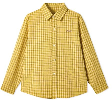 Rolanko Camisa de Cuadros para Niñas Niños Manga Larga Algodón Chaqueta con Botones Informales Ligera Blusas, Amarillo, 120, 5-6 Años
