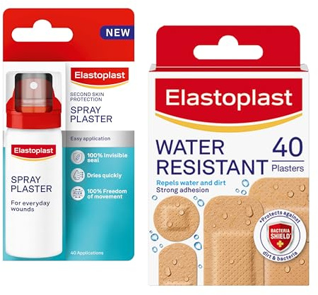 Bundle of Elastoplast Water-Resistant Plasters (40 Pieces) + Elastoplast Spray Plaster for Wounds (40ml), Wound Protection Duo, Water-Resistant Care