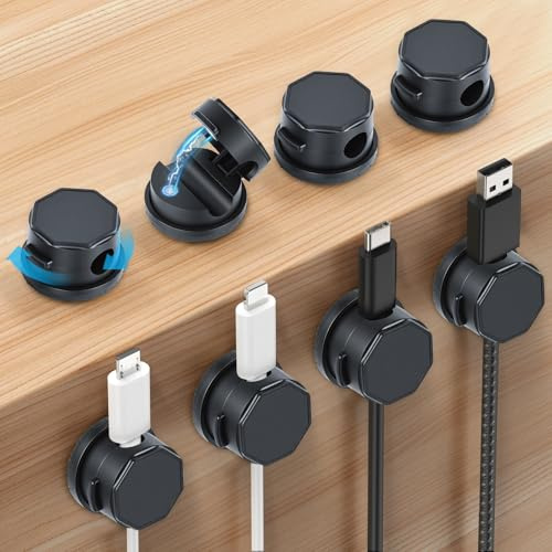 aceyoon 8 stycken kabelarrangör, 360° roterbar magnetisk kabelhållare, självhäftande kabelklämmor för nattduksbord, bil, kontor, skrivbord, skrivbordsarrangör, svart