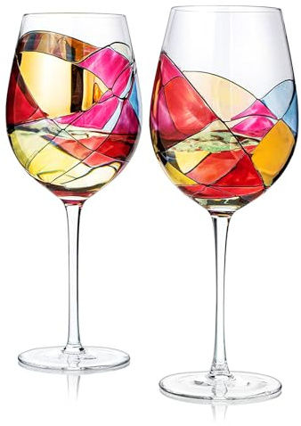 Juego de 2 copas de vino artesanales pintadas a mano, renacentistas, románticas, con vidrieras, idea de regalo para ella, él, cumpleaños, inauguración de la casa, copas de 29 onzas (con tallo)