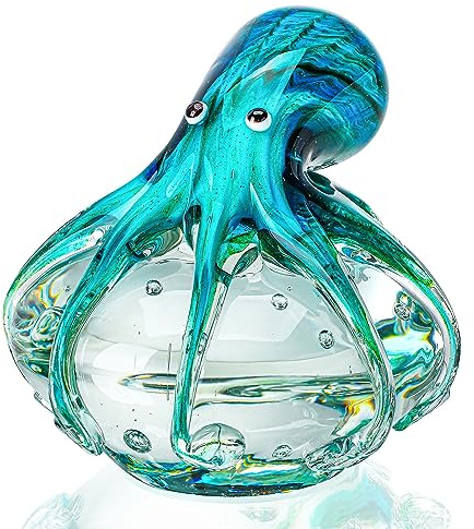 QFkris QF Handmade Octopus Blown Glass Figurine Gift for Christmas, Birthday Home Decor Blue-Green Paper Weight