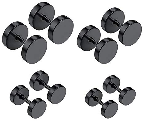 MODRSA Flat Back Stud Earrings Round Screw Disk Earrings Black Silver Cheater Faux Fake Gauge Earrings Dumbbell Plug for Men 18g 6mm
