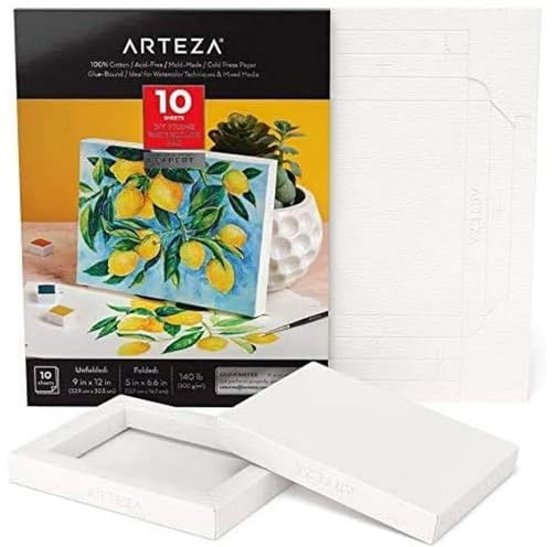 Arteza Akvarellpappersdyna, hopfällbart konstnär papper, 12,7 x 16,7 cm, 10 ark, tungvikt, 63,5 kg, 300 GSM, syrafri, 100% bomullsmassa gör-det-själv-ramar för målning och blandad media konst