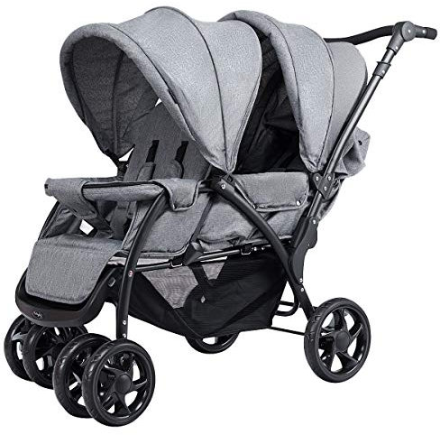 RELAX4LIFE Doppel Kinderwagen Klappbar, Geschwisterwagen mit 5-Punkt Sicherheitsgurten, Buggy Wagen mit Verstellbarem Lenker & Rückenlehne, ab der Geburt Nutzbar bis 15 kg, Grau