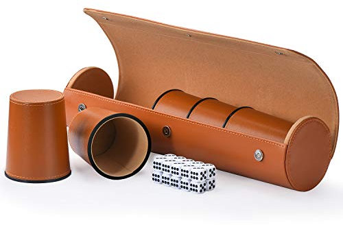Partyspiele Leder Würfelbecher Set, 5 schwarze Leder Würfelbecher + 25 Würfel + Exklusive Aufbewahrungs- und Transporttasche aus Kunstleder mit Magnetverschluss