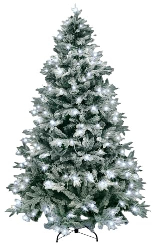 SHATCHI 7Ft/210CM Pre-Lit Lapland Fir Artificial Green Christmas Tree Snow Flocked PE PVC Mixed Tips Hinged Branches Bushy Xmas Home Snowy Decorations, with 320 White LEDs and Metal Stand