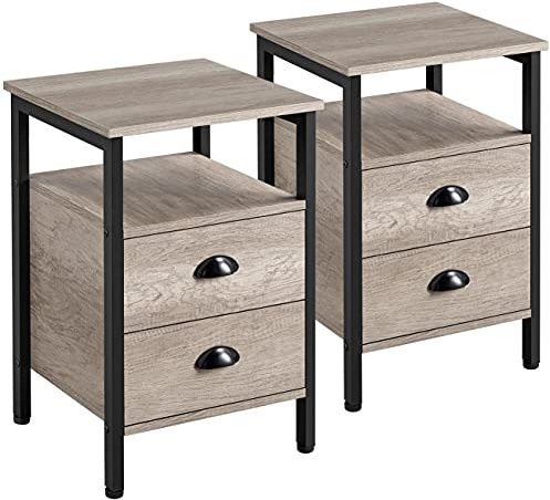 Yaheetech Sängbord set om 2, sidobord med lådor, nattduksbord med hylla, metallram stabil, lätt att montera, för vardagsrum, sovrum, grå